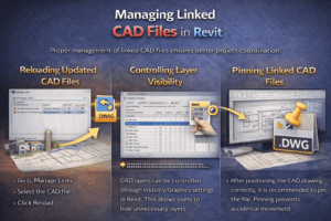3D infographic showing how to manage linked AutoCAD DWG files in Revit including reload, layer visibility control, and pinning files