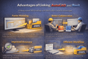 3D infographic showing the advantages of linking AutoCAD DWG drawings with Revit BIM models including faster modeling and better collaboration