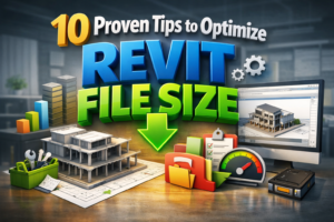 3D illustration of “10 Proven Tips to Optimize Revit File Size” with Revit model, charts, and performance optimization elements