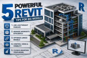 5 Powerful Revit Tips for Big Models with 3D BIM building design and Revit workflow optimization illustration