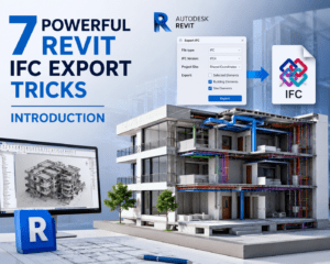 3D illustration of 7 Powerful Revit IFC Export Tricks featuring a BIM building model, Autodesk Revit interface, IFC export settings, and architectural design workflow for improved BIM collaboration.