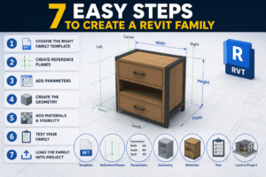 3D illustration showing the 7 Easy Steps to Create a Revit Family, including selecting a family template, creating reference planes, adding parameters, modeling geometry, assigning materials, testing the family, and loading it into a Revit project.
