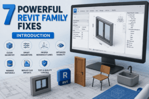7 Powerful Revit Family Fixes infographic showing optimized Revit family workflow, BIM modeling, parameters, visibility settings, and quality control