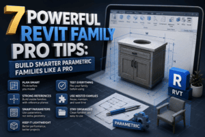 7 Powerful Revit Family Pro Tips showing a 3D parametric cabinet family with reference planes, dimensions, and professional BIM modeling workflow.