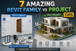 7 Amazing Revit Family vs Project Tips infographic comparing Revit Family and Revit Project in Autodesk Revit