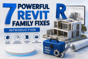 7 Powerful Revit Family Fixes 3D illustration showing an optimized Revit building model, BIM tools, and architectural blueprint