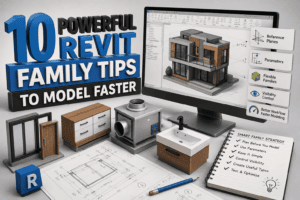 10 Powerful Revit Family Tips to Model Faster – 3D illustration showing Revit family modeling, parameters, reference planes, visibility controls, and BIM components.