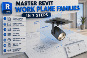3D illustration showing how to master Revit work plane families in 7 steps, including family templates, reference planes, work planes, parameters, geometry, testing, and optimization.